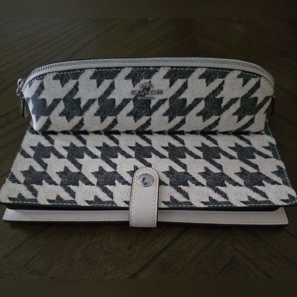 COACH Houndstooth Print Notebook & Pencil Case SET Silver/Cream/Black NWOT